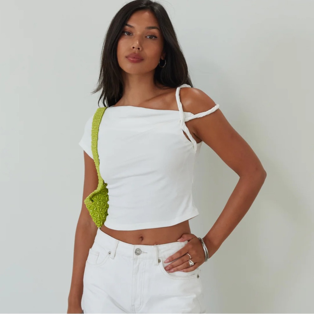 Beige Botany Knit Crop Top Twist Asymmetric Sleeves Medium New - Picture 9 of 9